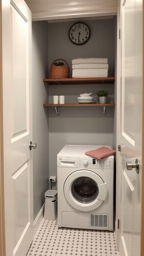 A small bathroom laundry area featuring a washing machine, shelves, and neatly arranged items.