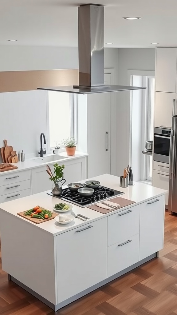 A modern kitchen island featuring a cooktop with fresh ingredients laid out for cooking.