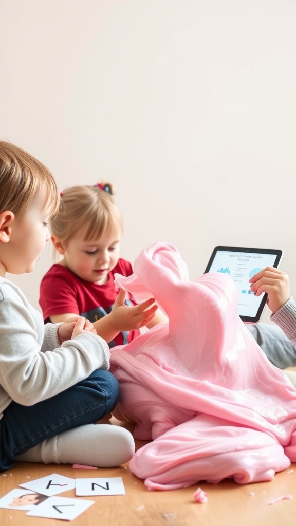 Two children playing with fluffy pink slime on the floor.