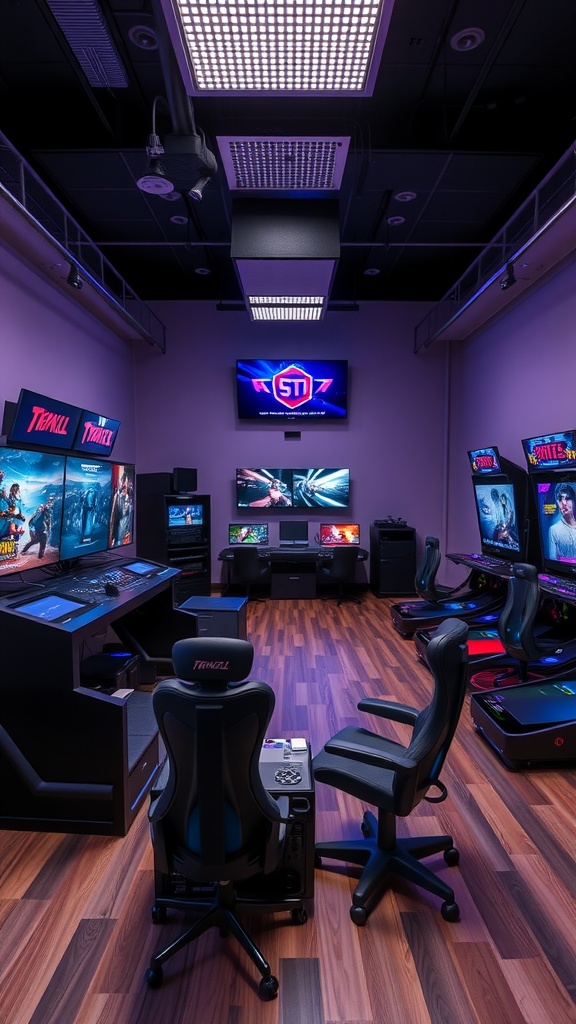 A modern interactive media center featuring multiple screens and gaming chairs.