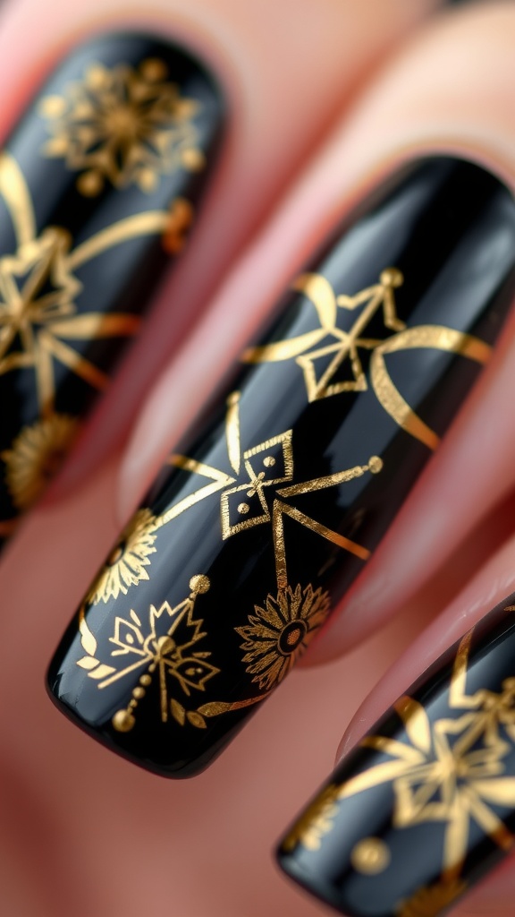 Nails with intricate gold geometric patterns on a black background