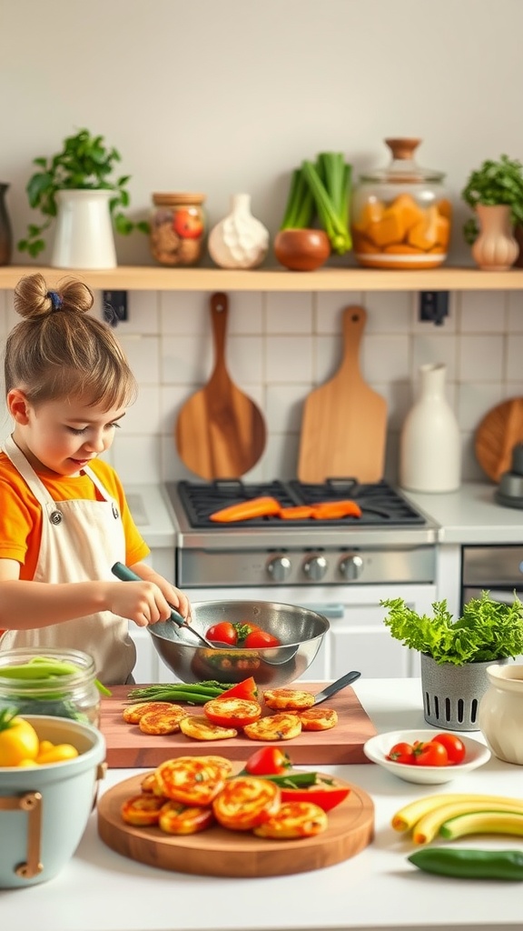 A child preparing Mediterranean keto mini zucchini pizzas in a bright kitchen