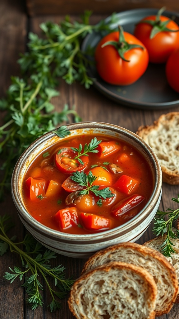 A bowl of Italian-style stewed tomatoes with herbs and slices of bread
