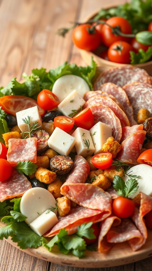 A colorful Italian Antipasto Salad with mixed greens, cured meats, cheeses, and cherry tomatoes.