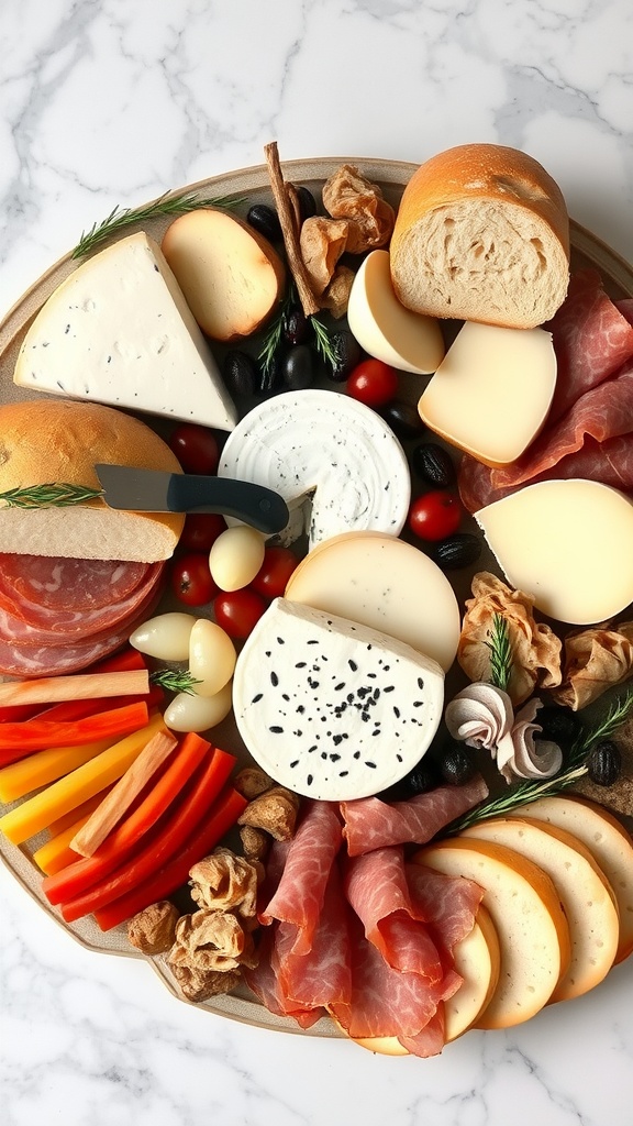 A stylish Italian charcuterie board featuring various cheeses, cured meats, colorful veggies, olives, and bread.