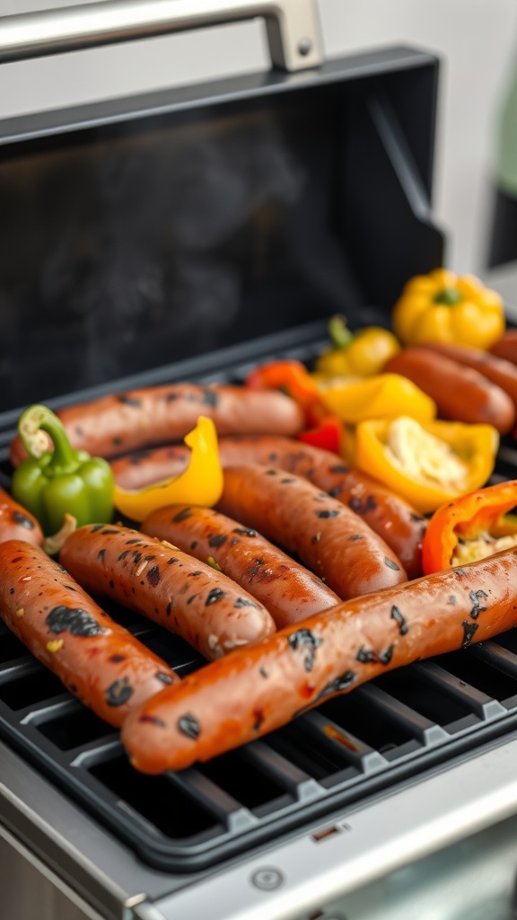 Italian sausage and colorful peppers grilled on a Blackstone griddle.