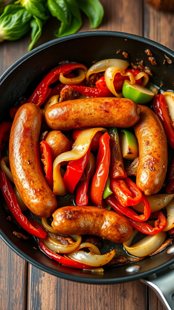 A skillet with cooked Italian sausage, bell peppers, and onions.