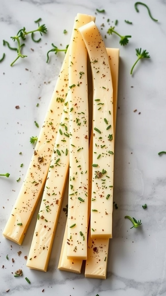 Italian seasoned cheese sticks on a marble surface