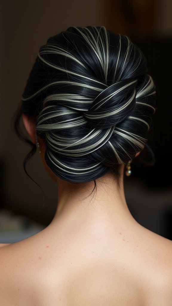 A hairstyle featuring jet black hair with silver highlights, styled in an elegant updo.