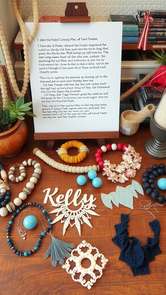A display of handmade jewelry made from old clothing and materials.