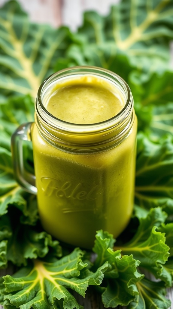 Kale and Banana Smoothie in a jar surrounded by kale leaves