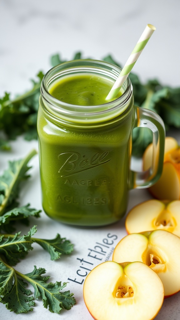 A green kale and apple smoothie in a jar with a striped straw, surrounded by kale leaves and sliced apples.