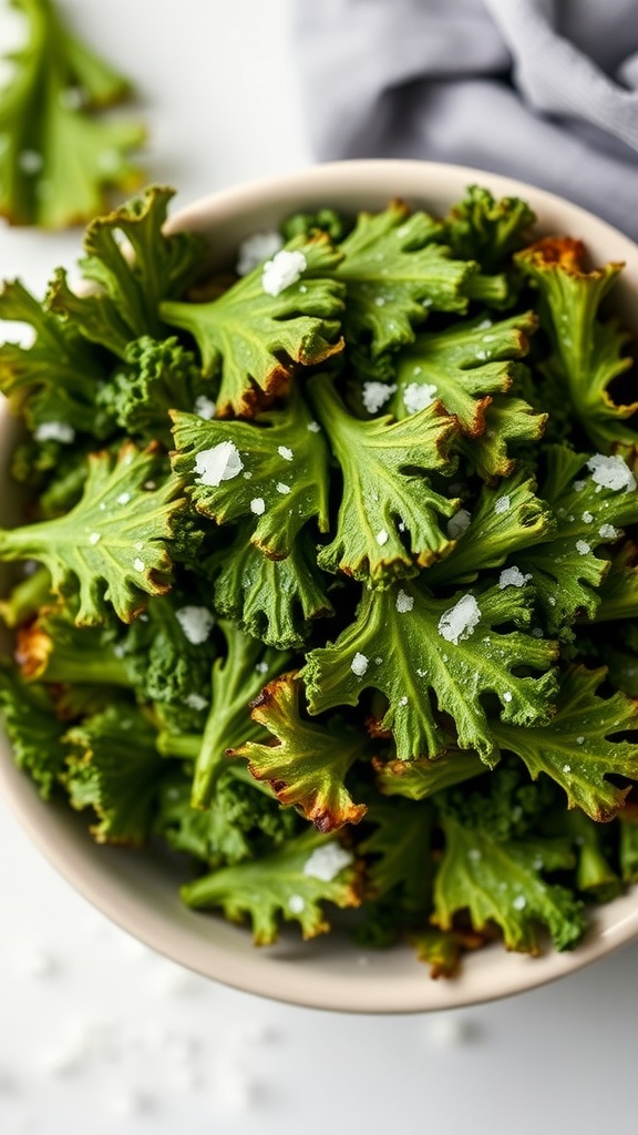 Bowl of crispy kale chips sprinkled with sea salt.