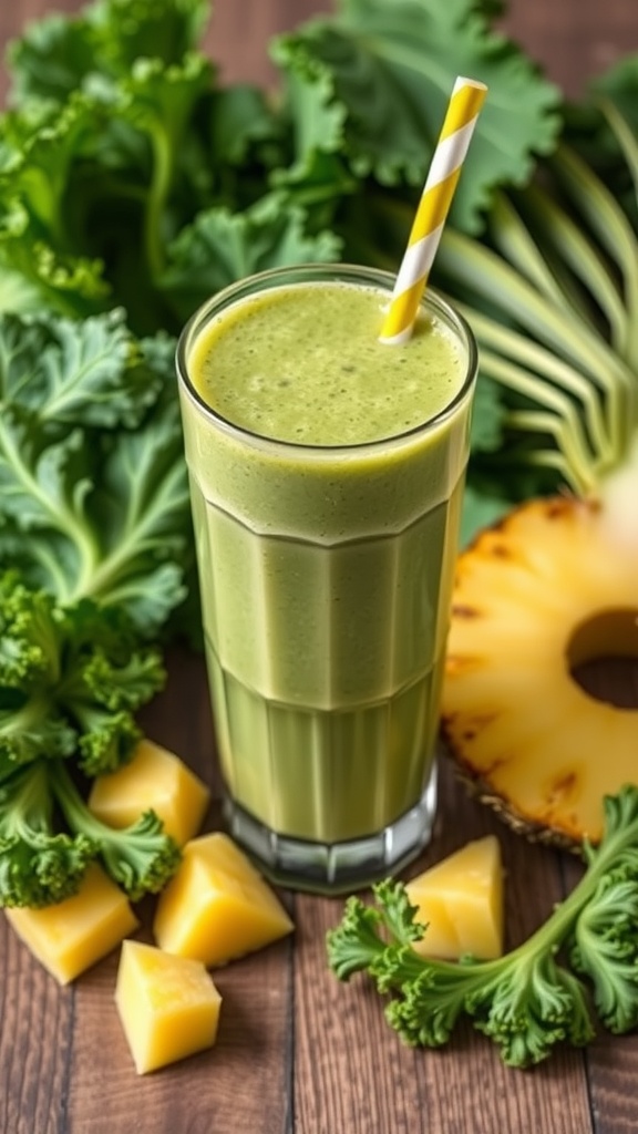 A refreshing green smoothie made with kale and pineapple, served in a tall glass with a straw.