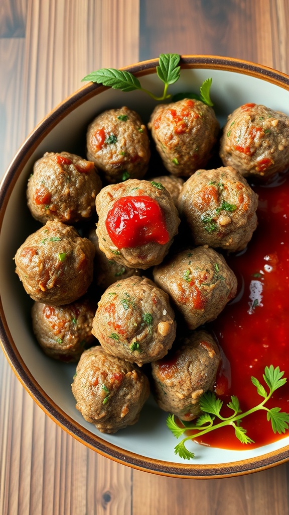 A bowl of keto-friendly air fryer meatballs served with a dipping sauce