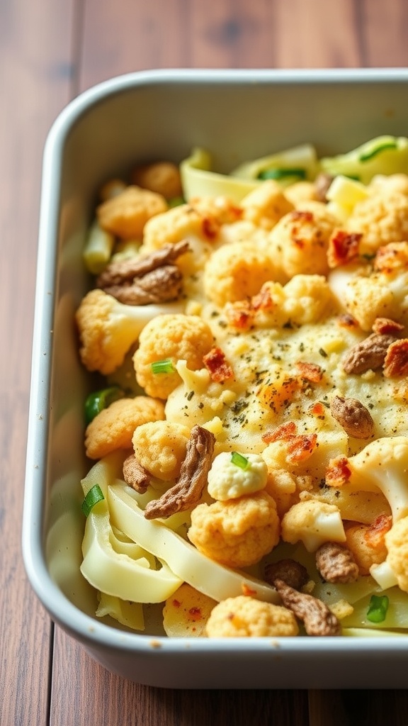 A delicious keto-friendly cabbage and cauliflower casserole baked to perfection.