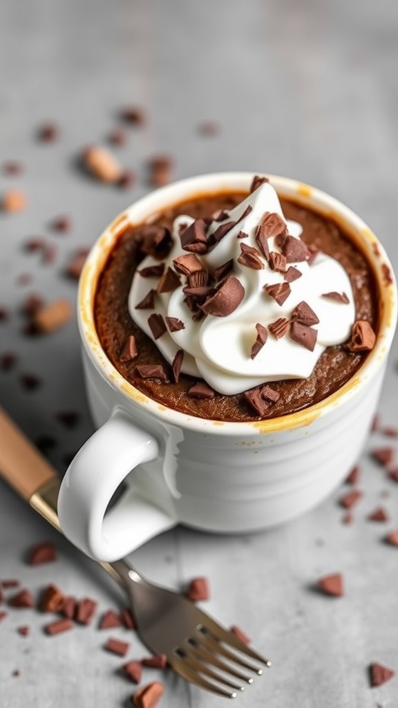 Keto-Friendly Chocolate Mug Cake topped with whipped cream and chocolate shavings