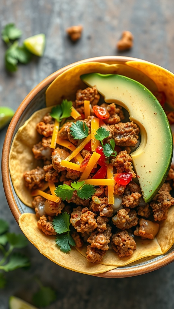 Keto-Friendly Taco Bowl with ground meat, avocado, cheese, and fresh toppings