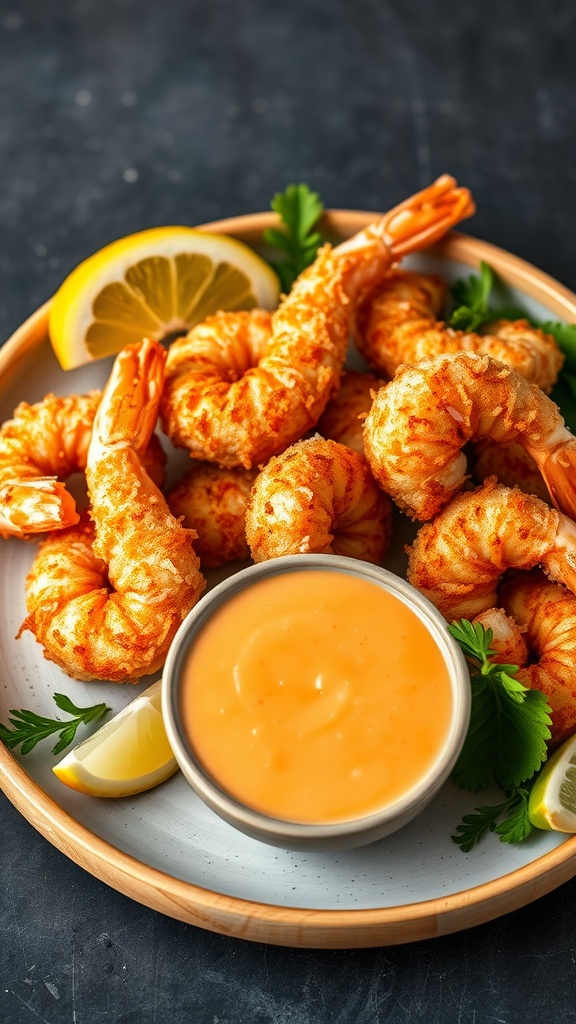 Crispy coconut shrimp served with a dipping sauce and lemon wedges.