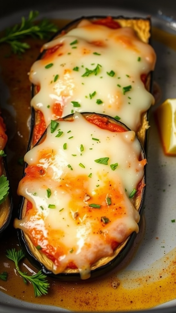 Keto Air Fryer Eggplant Parmesan served on a plate
