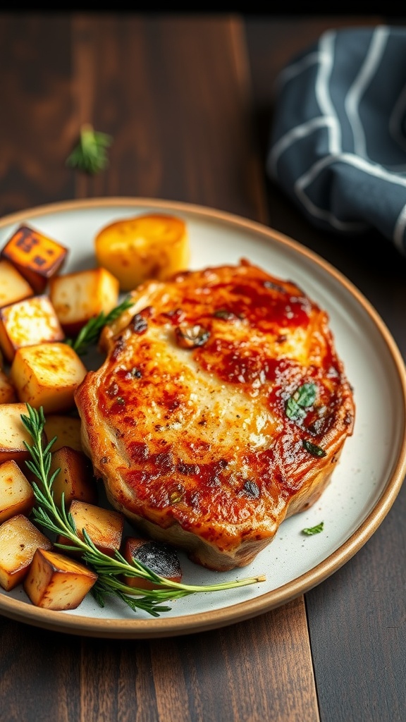 Keto air fryer pork chops served with roasted vegetables on a plate.