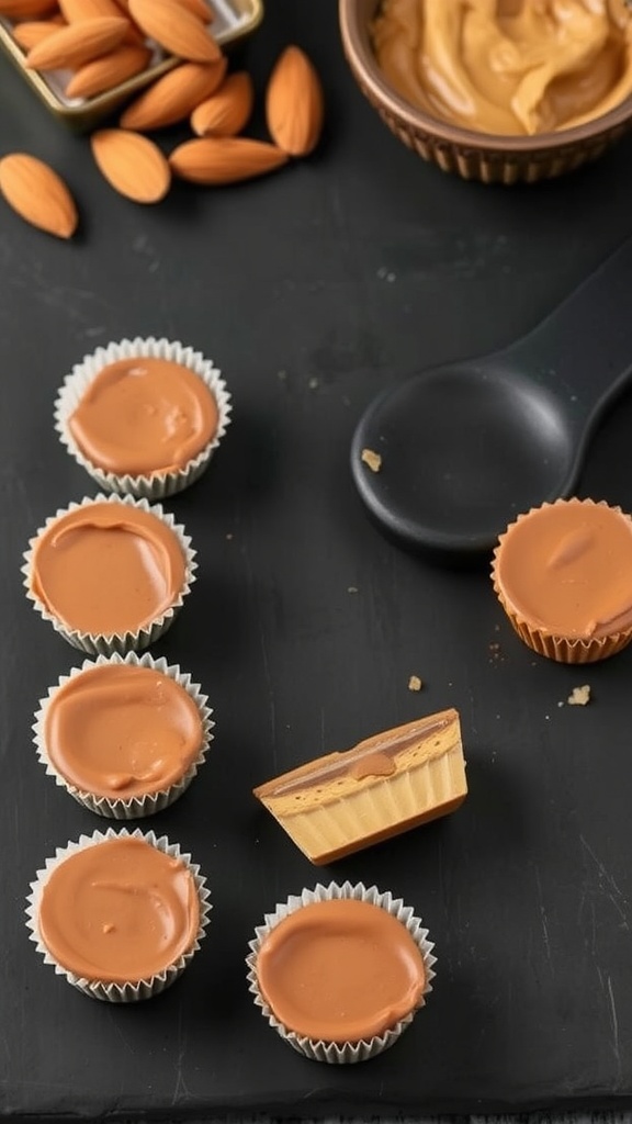 Keto Almond Butter Cups with almonds and almond butter on a dark surface
