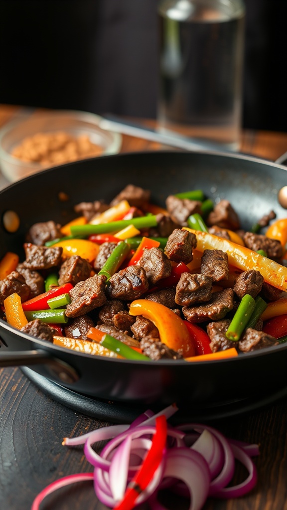 A vibrant keto beef stir-fry with colorful vegetables