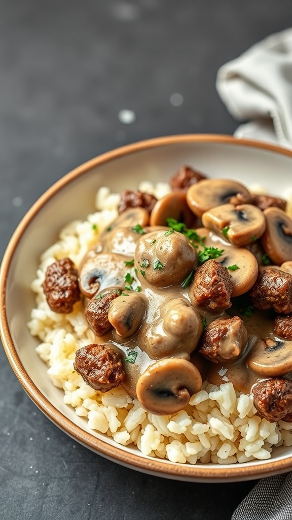 A delicious plate of Keto Beef Stroganoff with mushrooms and beef over cauliflower rice.