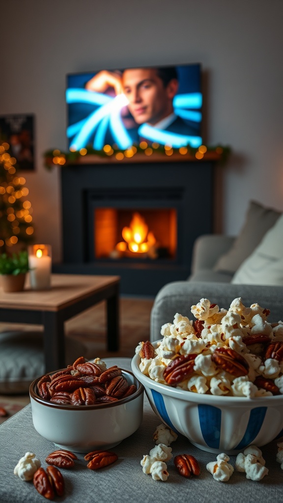A cozy movie night setup featuring a bowl of popcorn and a bowl of keto candied pecans, with a warm fireplace in the background.