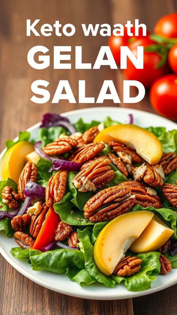 A salad with keto candied pecans, greens, and fruits on a plate.