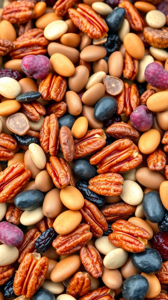 A close-up of a colorful trail mix featuring keto candied pecans among various nuts and seeds.