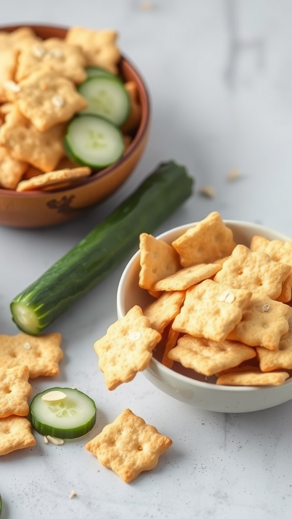 A bowl of keto cheese crackers alongside cucumber slices.