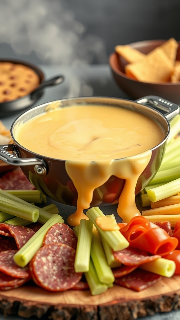 A pot of creamy cheese fondue surrounded by various dipping items.