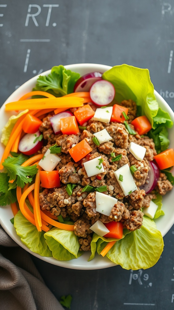 A colorful and fresh keto cheeseburger salad with ground beef, mixed greens, and veggies.