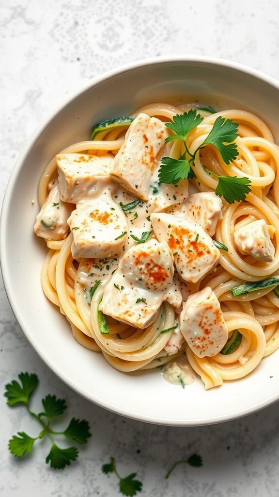 A bowl of creamy Chicken Alfredo with tender chicken pieces, zucchini noodles, and a sprinkle of parsley.