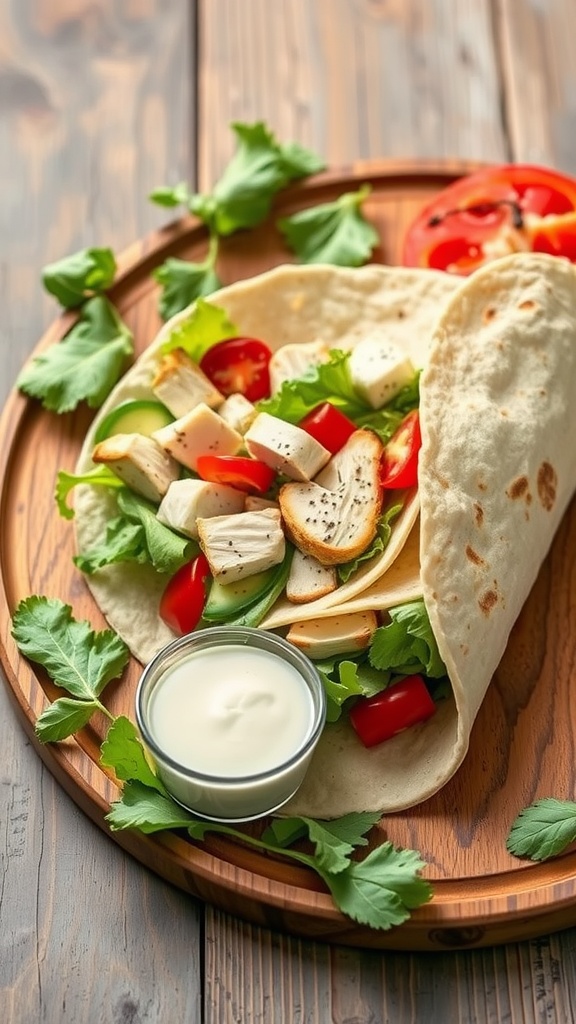 Keto Chicken Caesar Wraps with chicken, lettuce, and tomatoes wrapped in a tortilla
