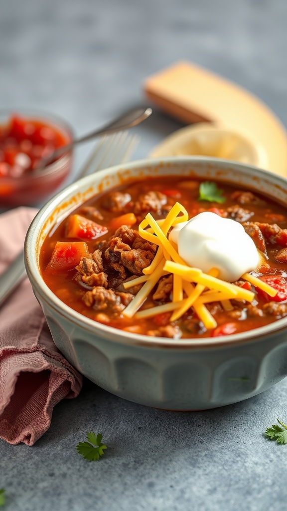 A bowl of Keto Chili with Ground Beef topped with cheese and sour cream, garnished with cilantro.
