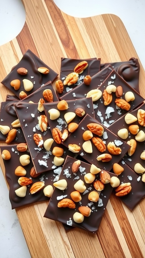Keto chocolate bark with nuts on a wooden cutting board
