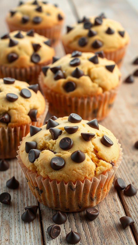 Delicious keto chocolate chip muffins topped with chocolate chips.
