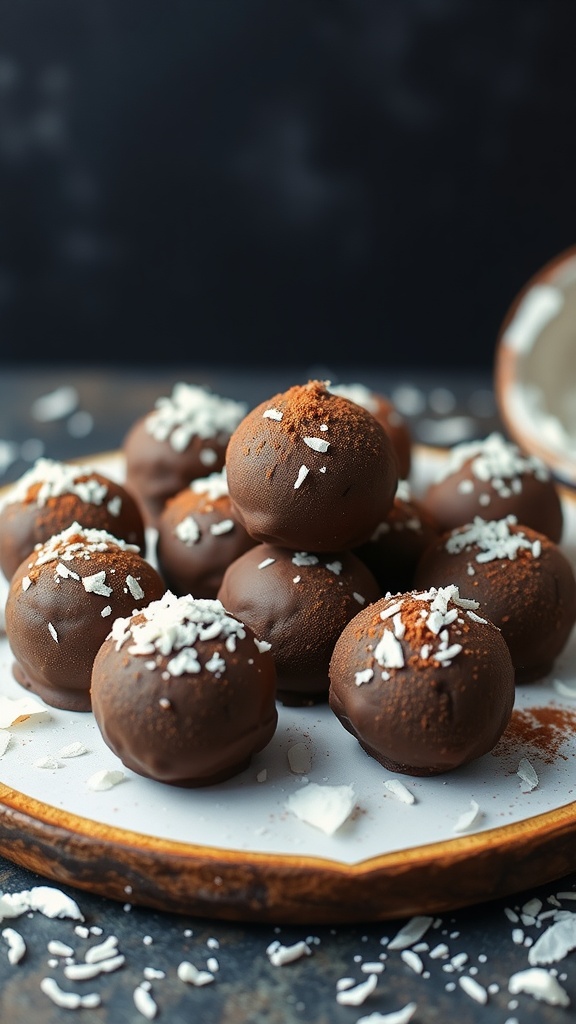 Delicious keto chocolate coconut truffles coated in chocolate and sprinkled with coconut flakes.