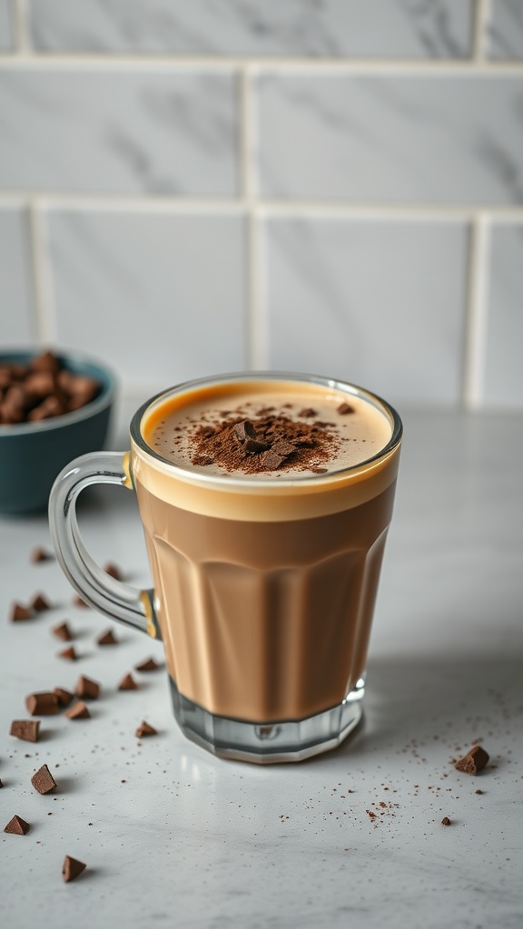 A glass of Keto Chocolate Collagen Coffee topped with cocoa powder, set against a marble background.