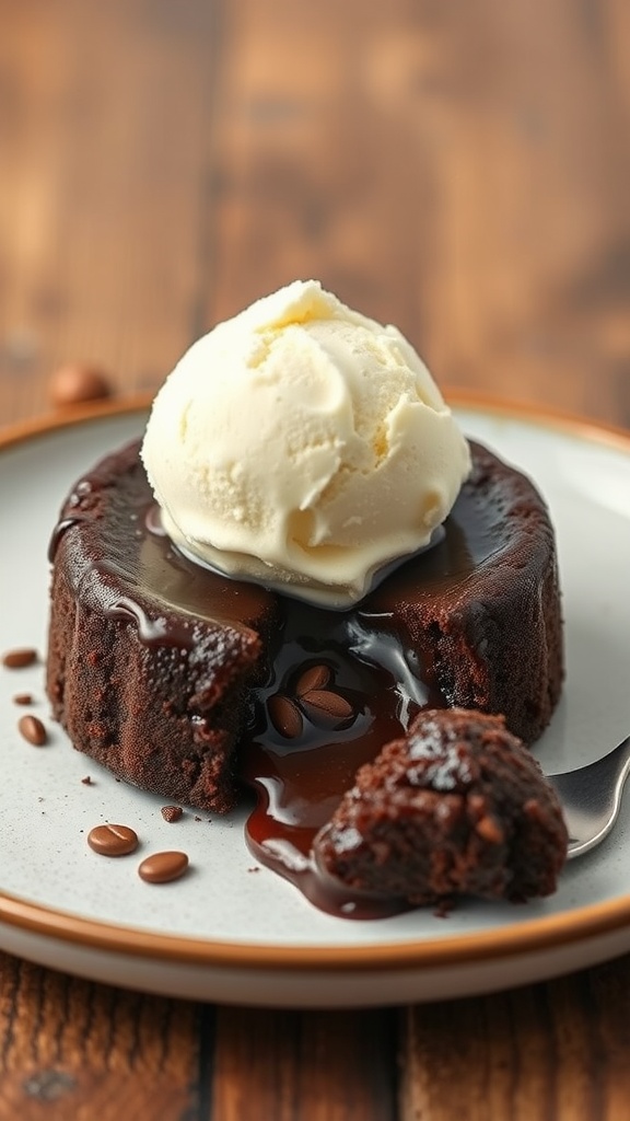 A delicious keto chocolate lava cake served with a scoop of ice cream.
