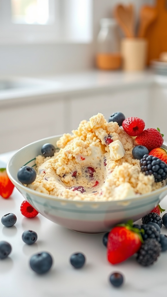 A bowl of delicious keto cream cheese cookie crumble topped with fresh berries.