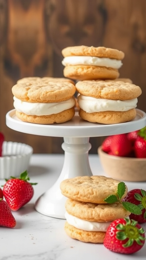 Delicious keto cream cheese cookie sandwiches stacked on a cake stand with fresh strawberries on the side.