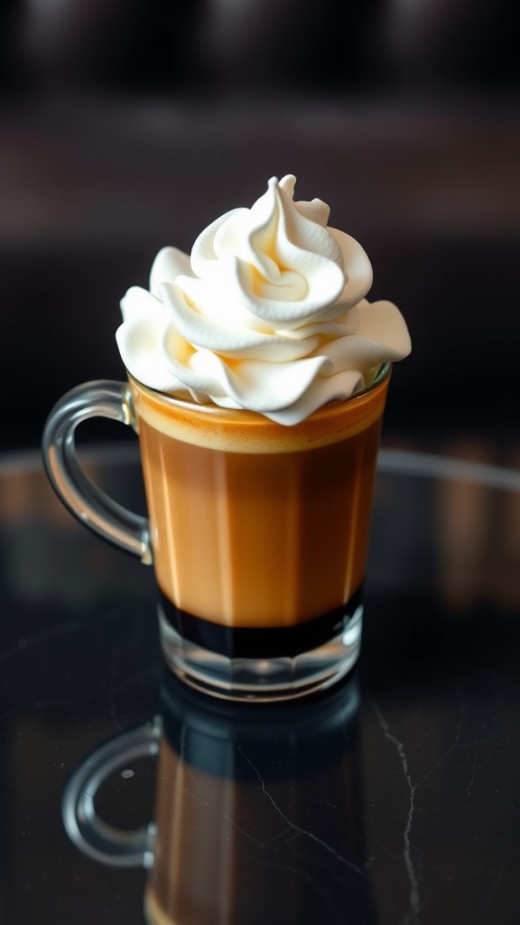 A cup of espresso topped with whipped cream.
