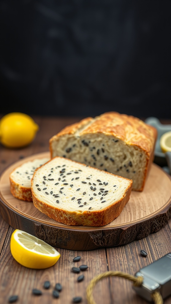 Keto Lemon Poppy Seed Bread sliced on a wooden plate with lemon slices