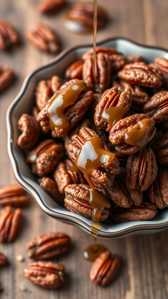 A bowl of keto maple pecan clusters drizzled with sugar-free maple syrup.