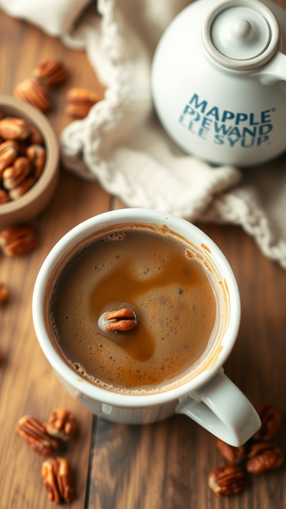 A cup of Keto Maple Pecan Coffee with pecans on a wooden surface