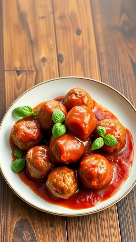 Delicious keto meatballs in marinara sauce garnished with fresh basil.