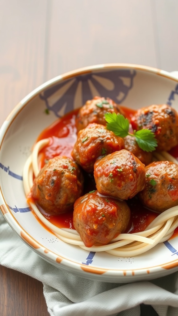 A plate of keto meatballs with marinara sauce served over a bed of spaghetti.